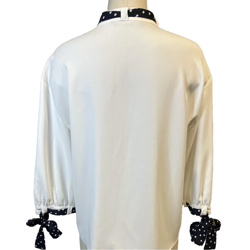 Zara Basic Button Up Blouse with Polka Dot Ties and 3/4 Sleeves/Medium - Picture 5 of 8